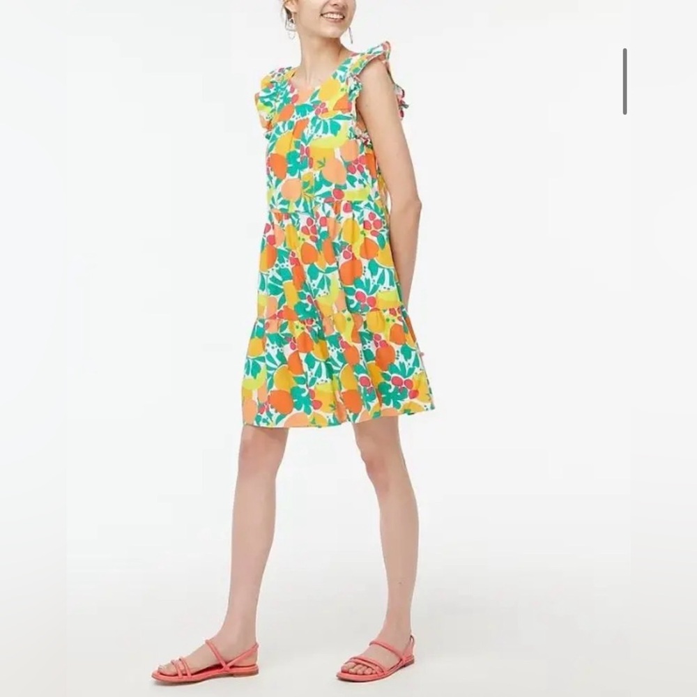 J. Crew Linen Blend Tiered Ruffle Abstract Fruit‎ Print Dress Pockets Size 12